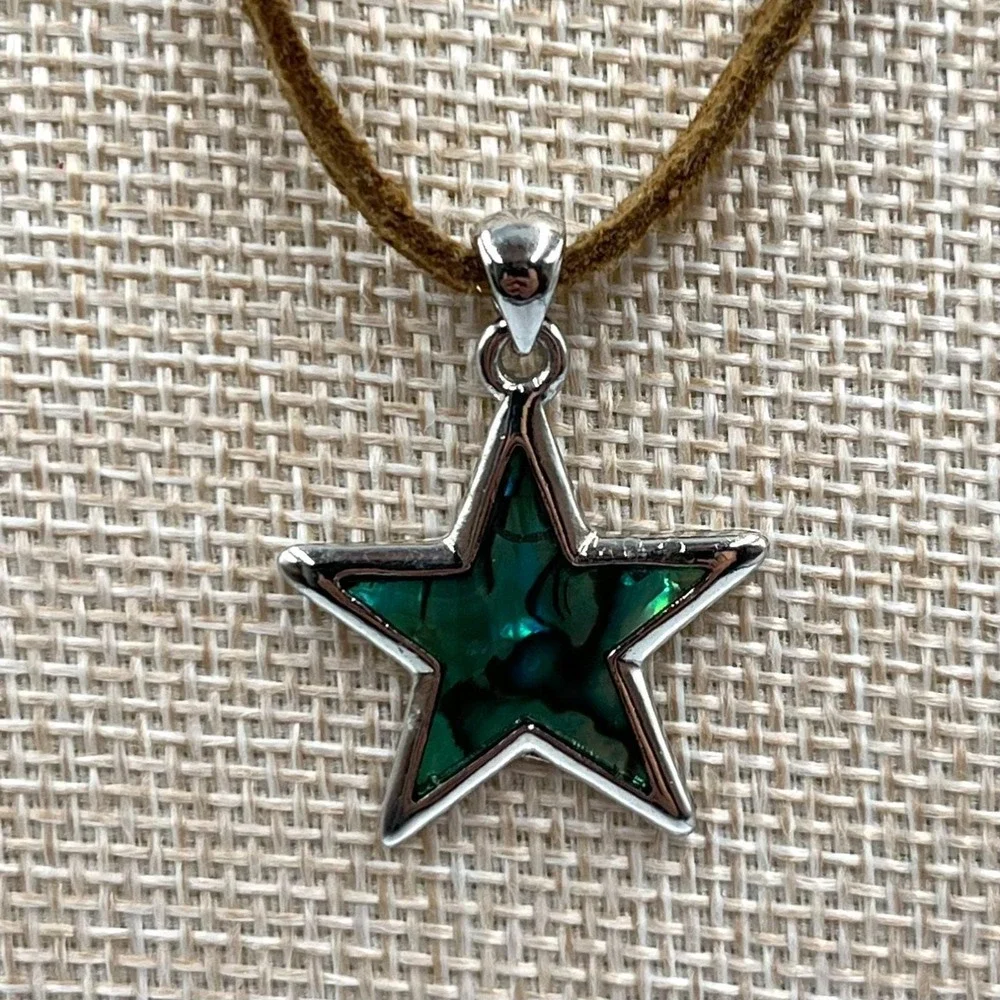 Vintage Boho Abalone Shell Star Pendant Necklace, Brown Suede‎ Cord, Silver Tone